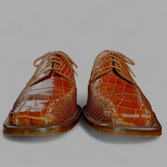 David Eden Leather Dress Shoes 10 Brown Cognac Embossed Croc Print Oxfords Spain - Picture 11 of 13